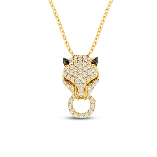 14k 18x9mm panther pendant with 70 diamonds 0.46ct & 2 emeralds 0.01ct on 18 inches chain