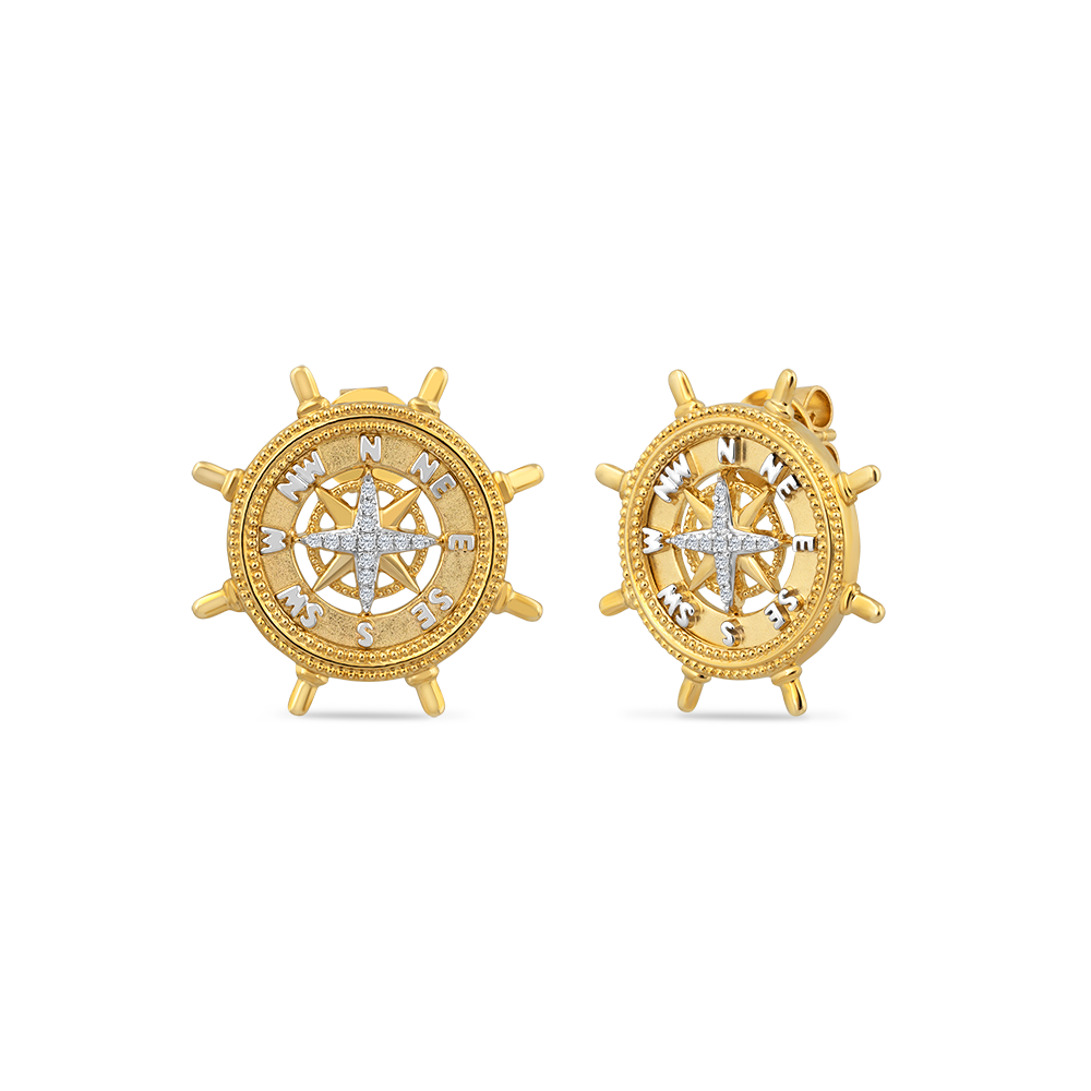 14K COMPASS ROSE STUD EARRINGS WITH 26 DIAMONDS, 0.10CT DW