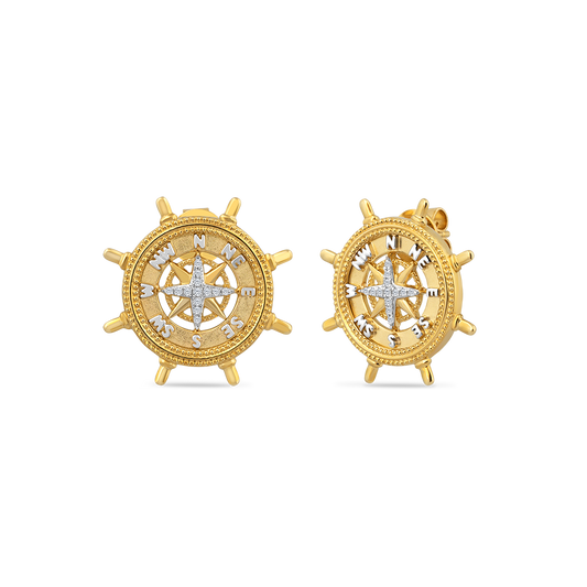 14K COMPASS ROSE STUD EARRINGS WITH 26 DIAMONDS, 0.10CT DW