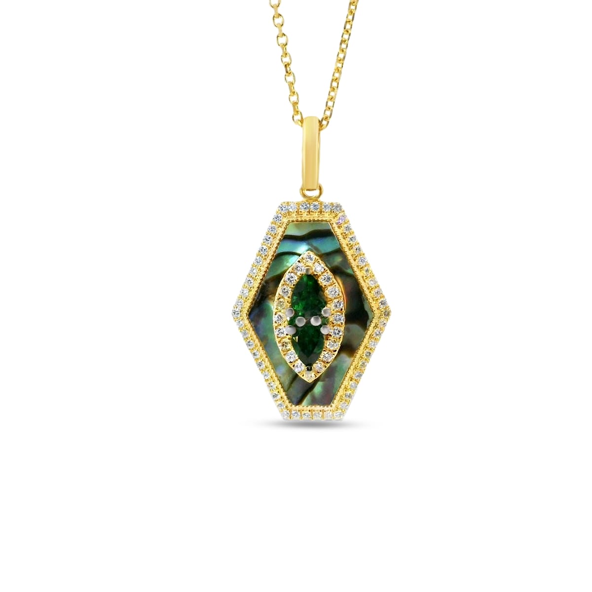 14k 20x15mm hexagon shape pendant with 70 diamonds 0.25ct, 4 green garnet 0.41ct & inlaid abalone on 18 inches cable chain