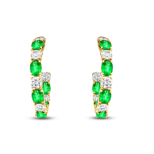 14k 3mm hoop earrings with diamonds 1.26ct & emeralds  1.84ct