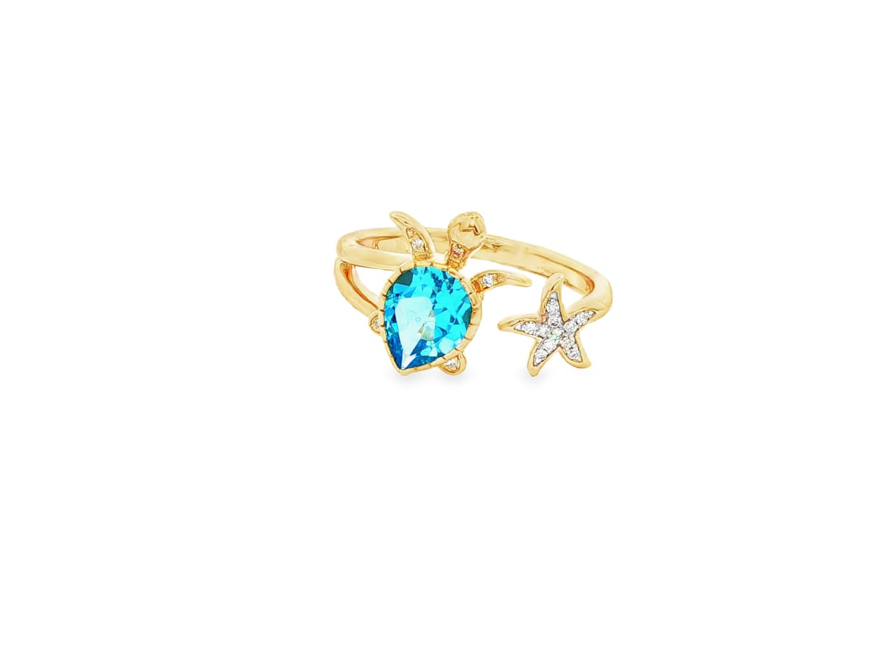 14KY turtle and starfish ring with 16 diamonds .055ct and 1 blue topaz