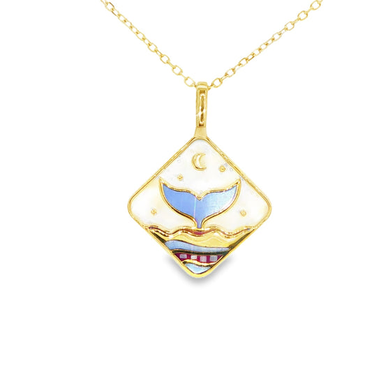 Gold plated sterling silver whale tail seascape pendant with iridescent inlay