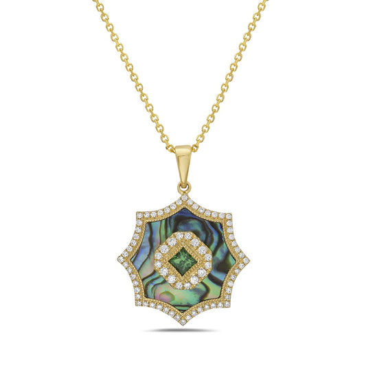 14k 20mm octagon shape pendant with 72 diamonds 0.29ct, 1 green garnet  0.19ct & inlaid abalone on 18 inches cable chain