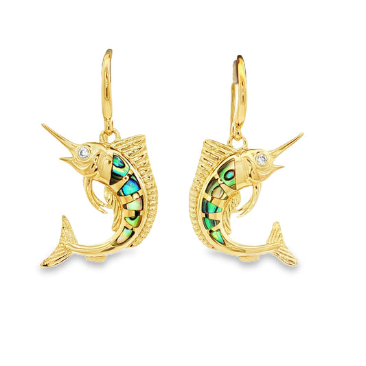 Gold plated sterling silver marlin earrings with iridescent inlay
