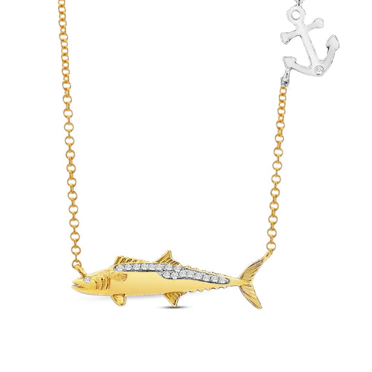 14k 24x6mm mackerel fish necklace 18 diamonds 0.06ct 18 inches
