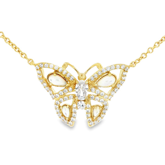 Gold plated sterling silver butterfly necklace with white stones