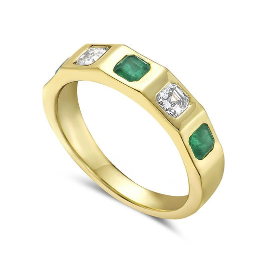 14k 4.5mm band wit 2 asscher cut diamonds 0.41ct & 3 asscher cut emeralds 0.65ct