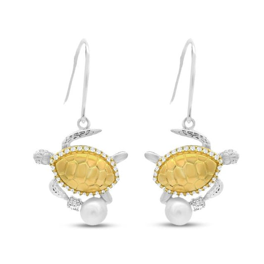 18mm x 16mm Sterling silver and gold plated turtle earring with faux pearl and cz's