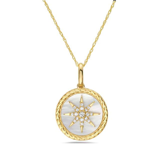 14k 14mm compass pendant with 17 diamonds 0.08ct & inlaid mother of pearl on 18 inches cable chain