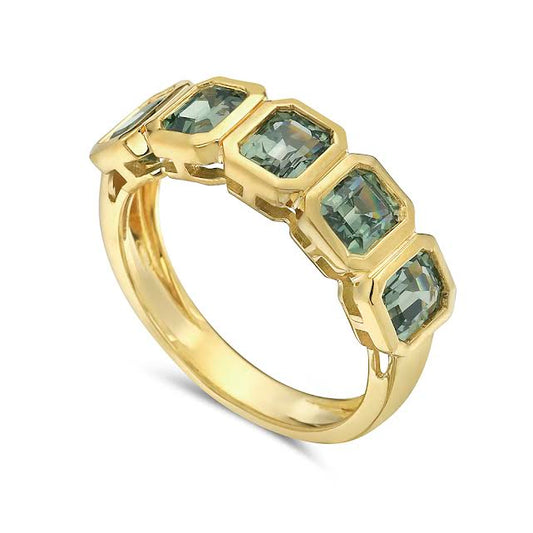 14ky 6.5mm band with 5 fancy green sapphires 3.13ct