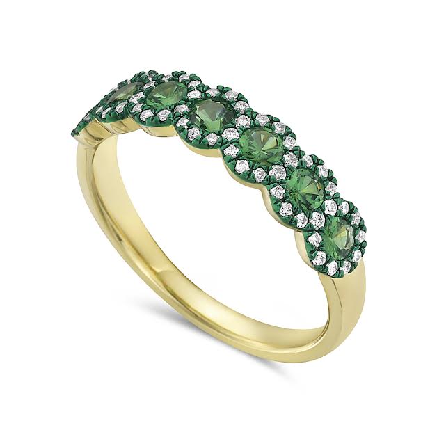 14k 5mm band with 58 diamonds 0.20ct & 7 green garnets 0.66ct