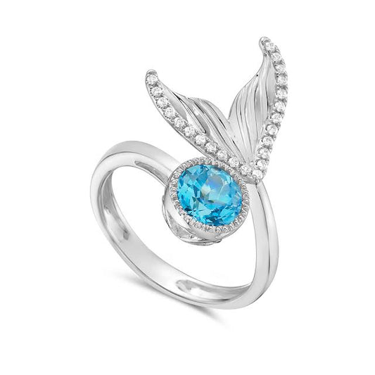 14k 23mm mermaid tail ring with 23 diamonds 0.12ct & 1 blue topaz 1.40ct