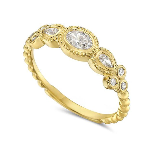14k ring with 6 round diamonds 0.07ct, 1 oval 0.22ct & 2 pear shape 0.08ct t.w. 0.37ct
