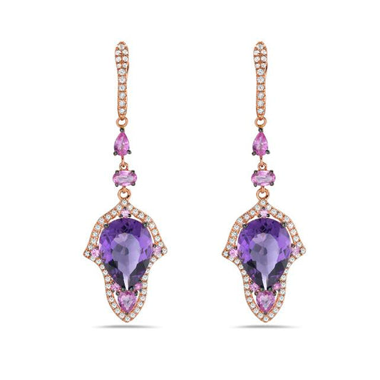 14k 56x17mm drop earrings with 2 amethyst 11.20ct, 16 pink sapphire 2.06ct & 110 diamonds 0.88ct