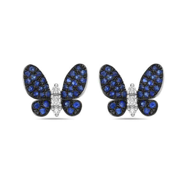 14kw 12x10mm butterfly earrings with 64 blue sapphires & 6 diamonds 0.08ct