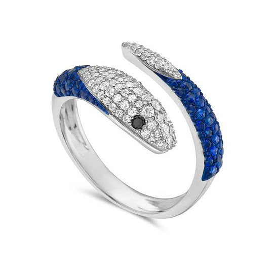14k 11mm snake ring with 50 sapphires 0.53ct 77 diamonds 0.33ct 2 black diamonds 0.03ct with blue rhodium