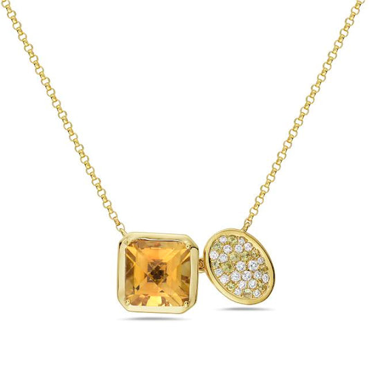 14k 19x10mm necklace with 11 yellow sapphires 0.12ct, 20 diamonds 0.13ct & citrine 2.32ct 18 inches