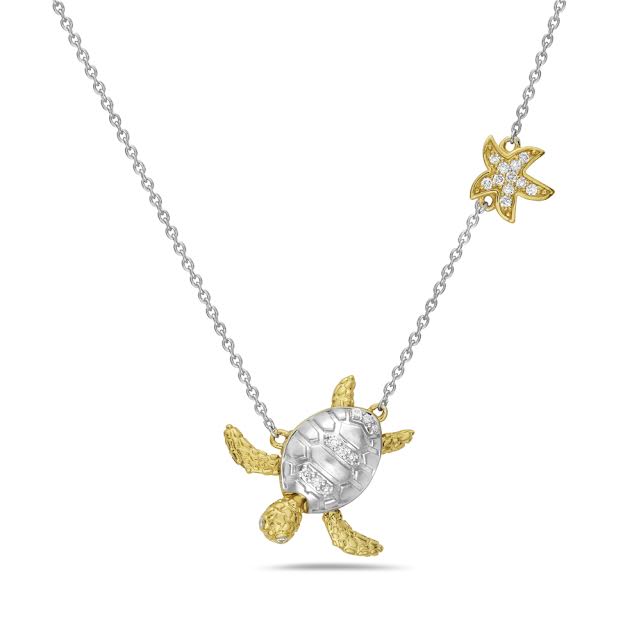 14k 15mm two tone turtle necklace with 22 diamonds 0.09ct on 18 inches ...