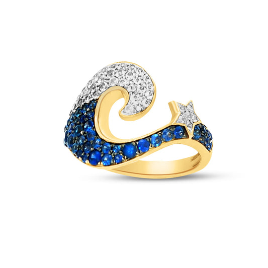 14k 15mm wide wave ring with starfish accent on the wave and with 45 blue sapphires 0.90ct & 44 white sapphires 0.53ct