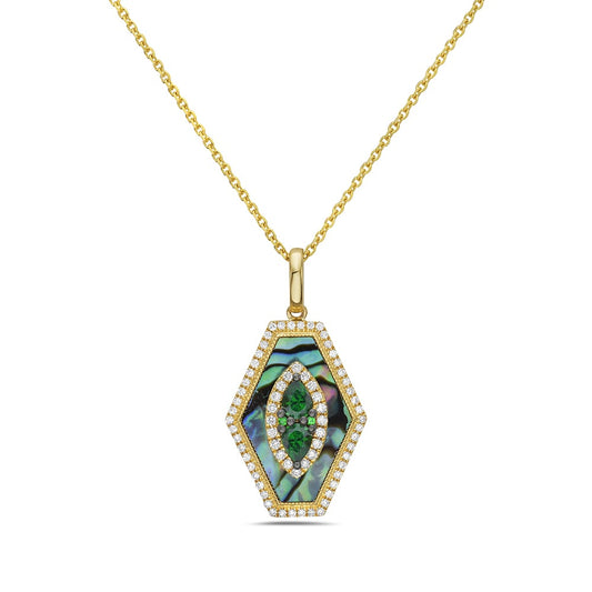 14k 20x15mm hexagon shape pendant with 70 diamonds 0.25ct, 4 green garnet 0.41ct & inlaid abalone on 18 inches cable chain