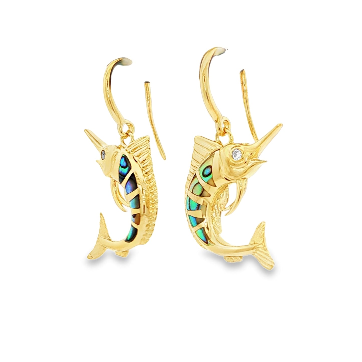 Gold plated sterling silver marlin earrings with iridescent inlay