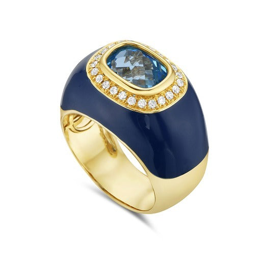 14KY GOLD ENAMEL RING WITH 24 DIAMONDS 0.19CT, 1 BLUE TOPAZ 3.48CT ROYAL BLUE ENAMEL