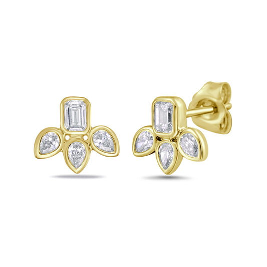 14k 10x8mm earrings with 8 bezel set diamonds, 6 pear shaped 0.30ct and 2 emerald cut 0.22ct t.w. 0.52ct