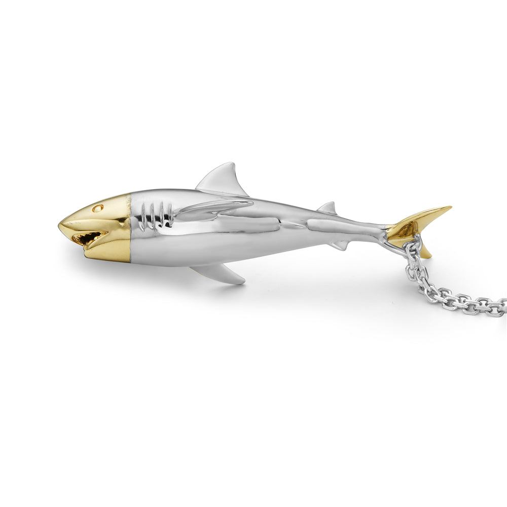 14K GOLD & STERLING SILVER SHARK  PENDANT. 74MM X 38MM ON 18 INCHES STERLING SILVER CHAIN