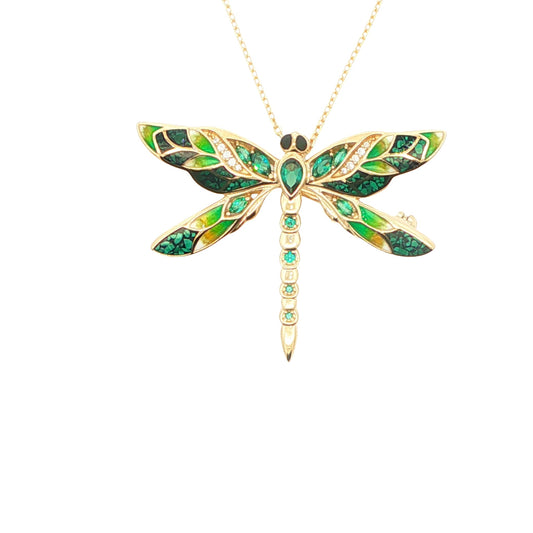 Gold plated sterling silver dragonfly brooch/pendant with shades of green and white inlay