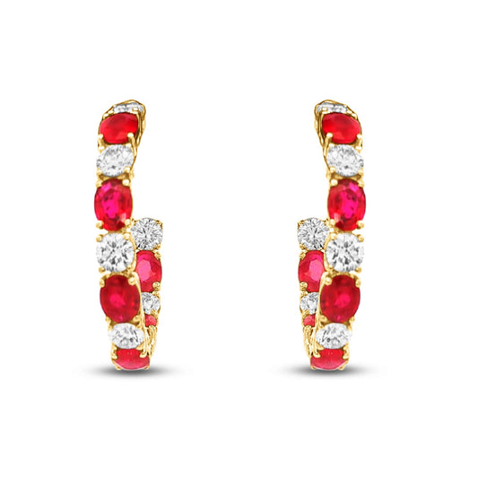 14k 3mm hoop earrings with diamonds 1.26ct & rubies 2.38ct