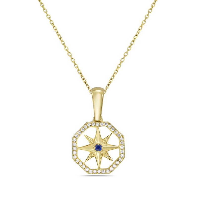 14k 11.5mm compass rose pendant with 36 diamonds 0.105ct & 1 sapphire 0.02ct on 18 inches chain 4.0