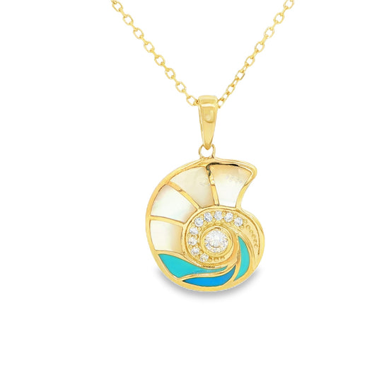 Gold plated sterling silver shell pendant with blue and white faux mother of pearl and white stones