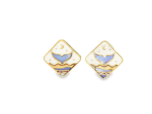 Gold plated sterling silver whale tale seascape earrings with iridescent inlay