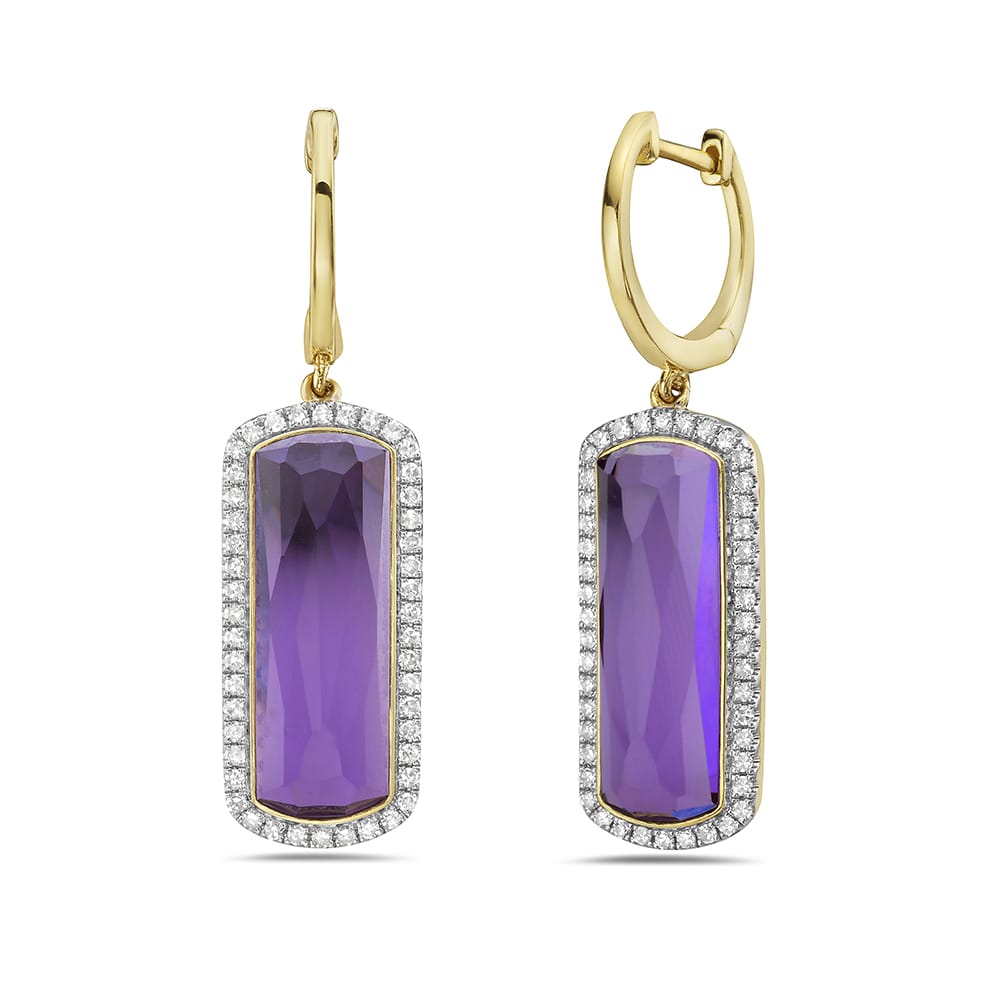 14K 21X9MM RECTANGLE SHAPE AMETHYST EARRINGS WITH 92 DIAMONDS 0.40CT