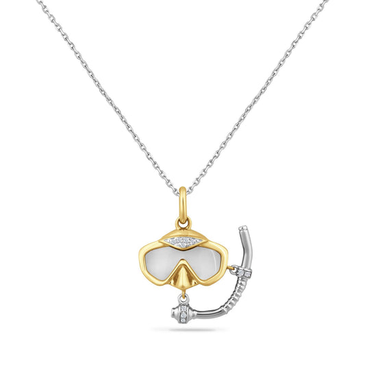 14K TT SNORKLING GEAR PENDANT 15MM X 18MM, DIAMONDS 0.04CT & 1 MOP 18 INCHES CHAIN