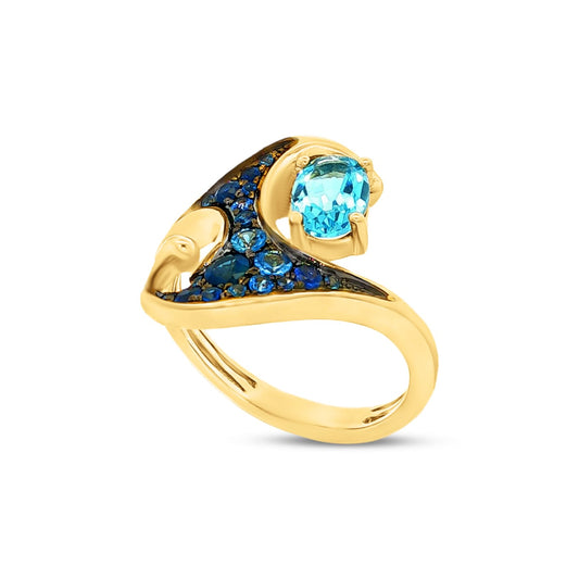 14k 16mm wide wave ring with 19 blue sapphires 0.58ct & 1 BT 1.00ct