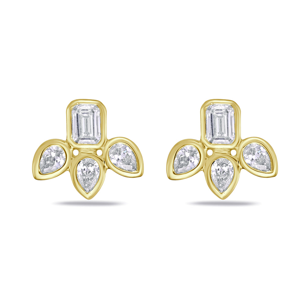 14k 10x8mm earrings with 8 bezel set diamonds, 6 pear shaped 0.30ct and 2 emerald cut 0.22ct t.w. 0.52ct