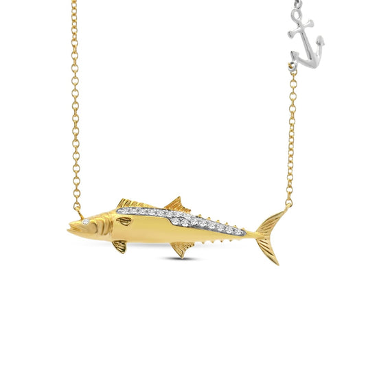 14k 28x7mm mackerel fish necklace 18 diamonds 0.10ct 18 inches
