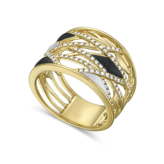 14KY DOMED RING 95 DIAMONDS 0.39CT, 2 MOTHER OF PEARL 0.29CT & 3 BLACK ONYX 0.49CT, 14MM WIDE