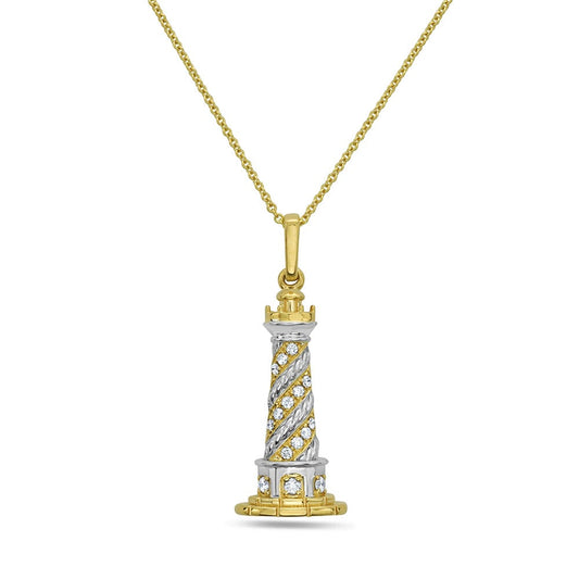 14ky 22x11mm lighthouse pendant with 15 diamonds 0.13ct on 18 inches cable chain