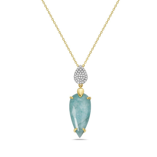 14KY 35 DIAMONDS 0.12CT 1 AMAZONITE DOUBLET 1 CRYSTAL TEAR SHAP PENDANT ON 18