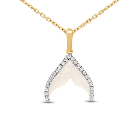 14KY MOP mermaid tail necklace set with 23 diamonds 0.12ct, on an 18-inch cable chain