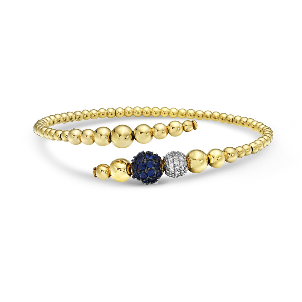 14KY GOLD ITALIAN MADE FLEXIBLE TWISTED CUFF SET WITH BLUE SAPPHIRES 2.9CT & DIAMONDS 0.78CT