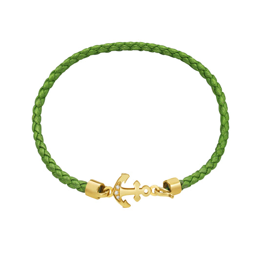 18ky anchor bracelet, 3 diamonds 0.02ct & green cord