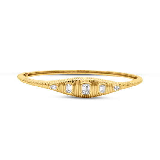14KY 9.5mm bangle with 3 emerald diamonds 0.70 ct and 2 pear shaped diamonds 0.16 ct  Total weight 0.86ct.