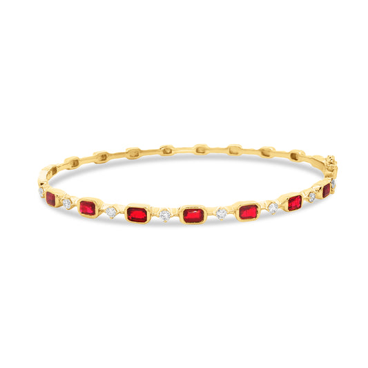14k 3.5mm bangle with 8 Round Diamonds 0.28ct & 7 Emerald cut Rubies 1.25ct 7 inches
