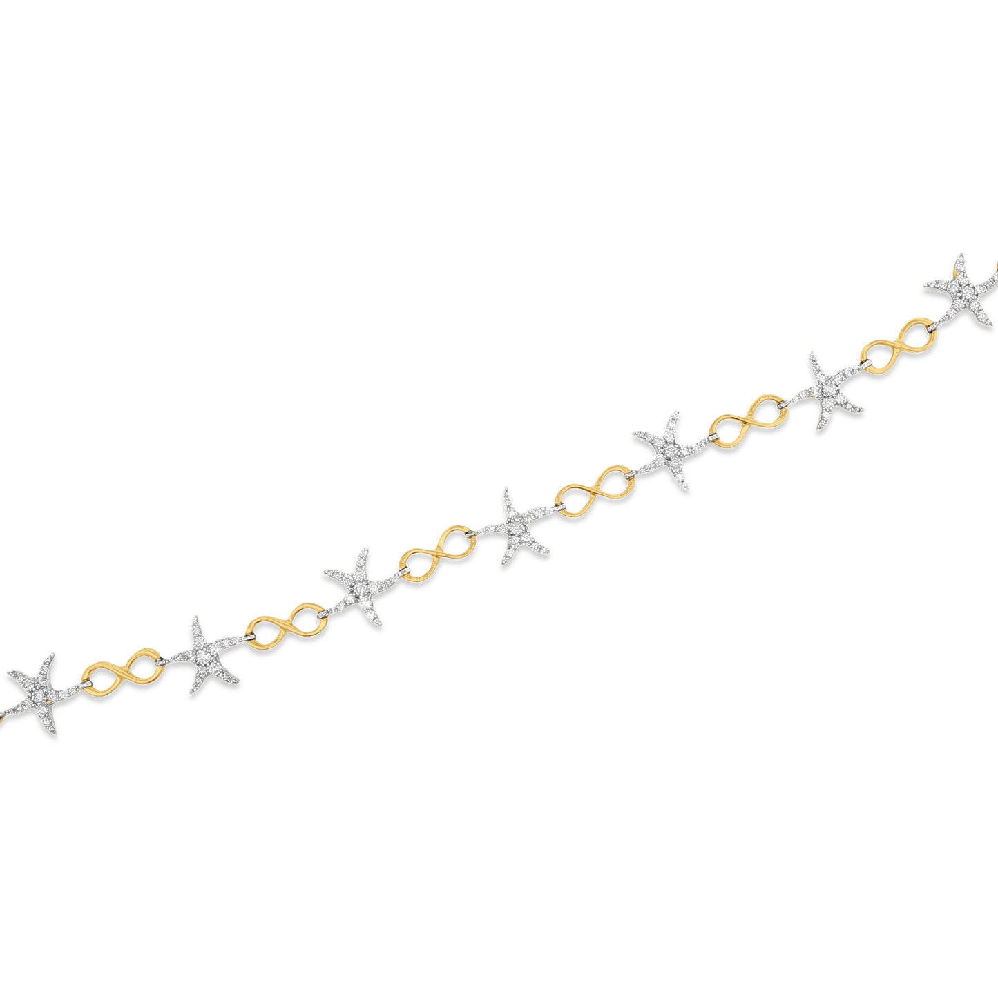 14K starfish and figure 8 12mm link 7 inch bracelet with 112 round diamonds totaling 1.41 ct.