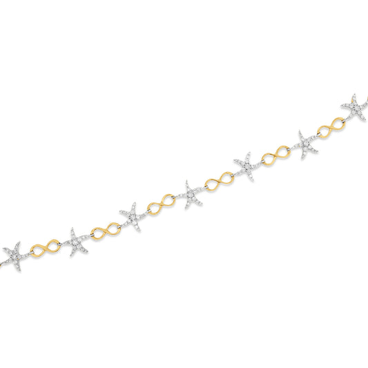 14K starfish and figure 8 12mm link 7 inch bracelet with 112 round diamonds totaling 1.41 ct.