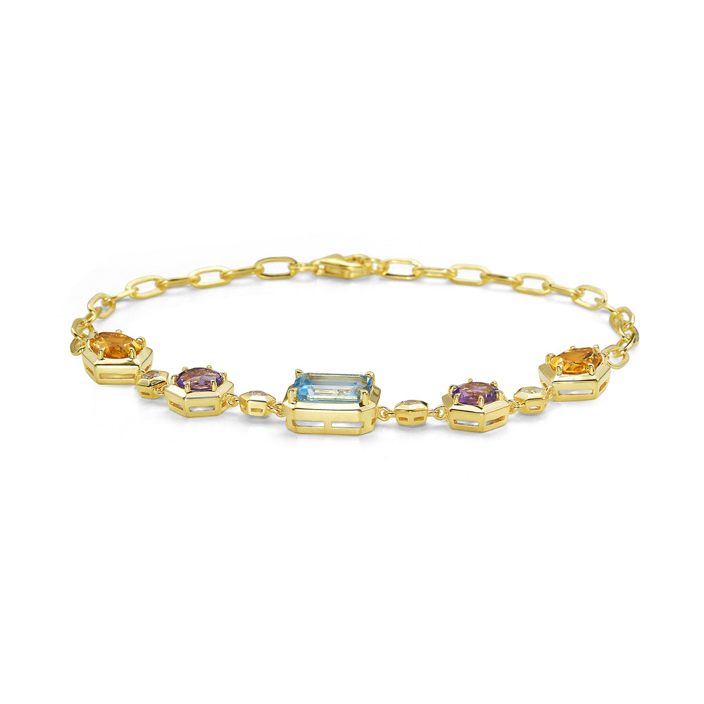 14KY bangle bracelet with 1 smokey topaz 2.03ct, 2 citrines 1.34ct tw, 2 amethysts 0.92ct tw, and 4 diamonds 0.14 ct tw 5.5